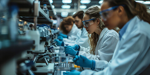 Scientists working in a research laboratory, Group of researchers in a science lab