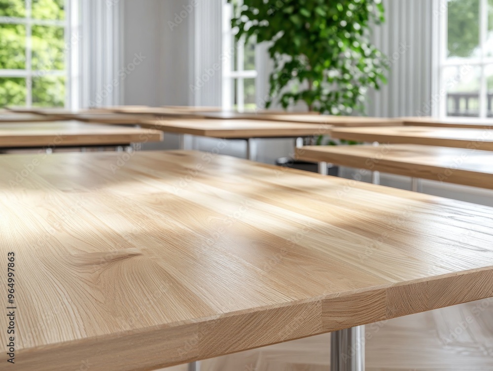 Poster modern classroom design desks arranged for collaborative learning and student engagement, fostering 