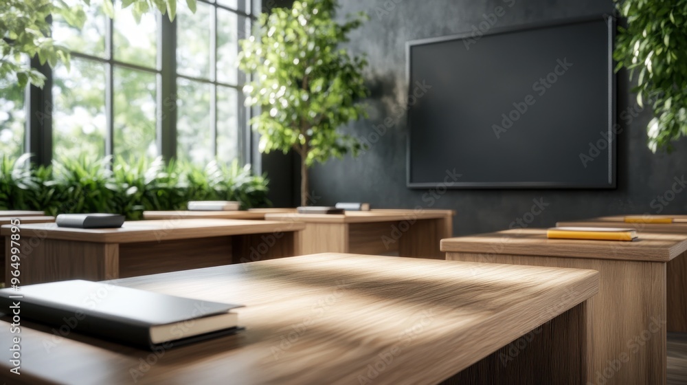 Poster modern classroom design for interactive learning, desks arranged for collaborative activities, educa