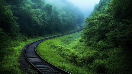 Fototapeta premium railroad track curves gently through vibrant green foliage, creating a tranquil scene that symbolizes journey, hope, and the seamless blend of nature and travel