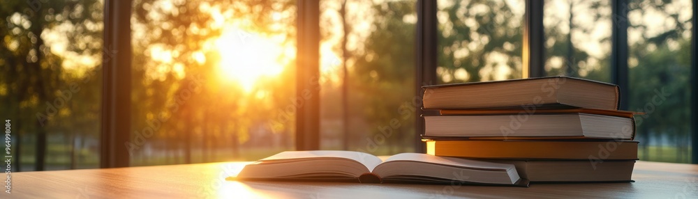 Poster Open Book on a Table with Stack of Books in Front of Window with Sunlight Streaming Through, Perfect for Studying, Reading, or Relaxing