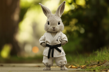 Joyful Rabbit Boy in Karate Gi: Standing Upright with Determination