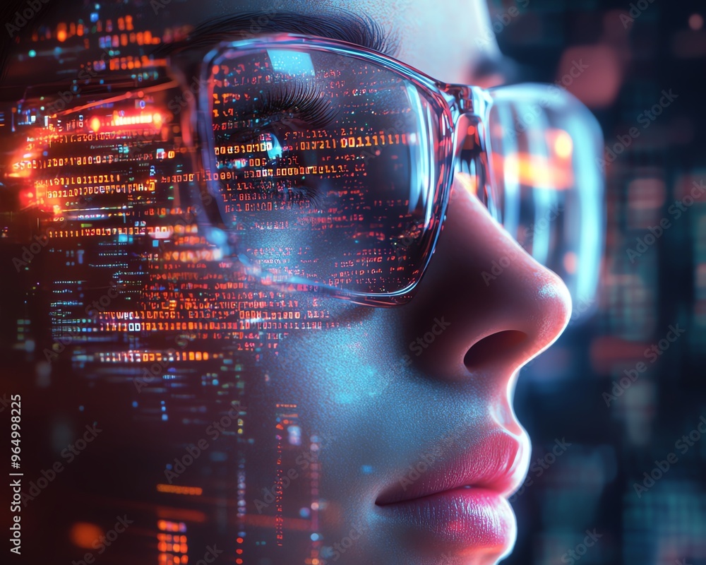 Aufkleber futuristic nerd face with sleek glasses, a thoughtful expression, and a hightech environment featuri