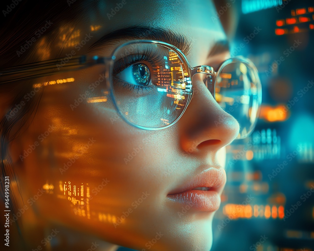 Poster futuristic nerd face with sleek glasses, a thoughtful expression, and a hightech environment featuri