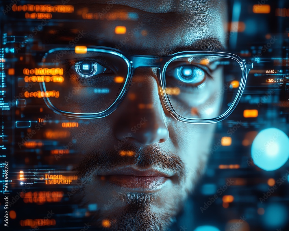 Poster futuristic nerd face with sleek glasses, a thoughtful expression, and a hightech environment featuri
