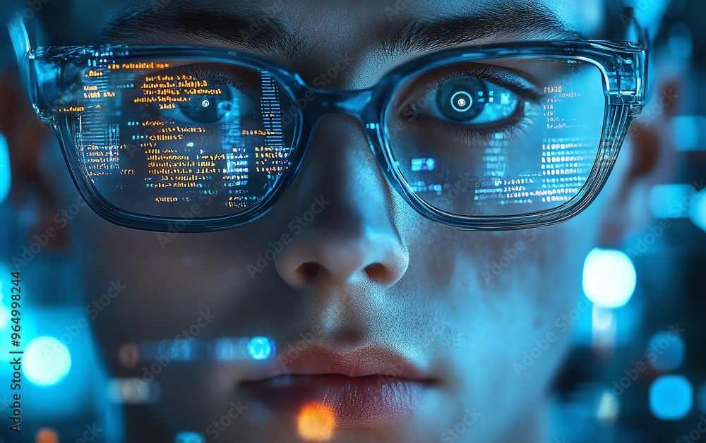 Poster futuristic nerd face with sleek glasses, a thoughtful expression, and a hightech environment featuri
