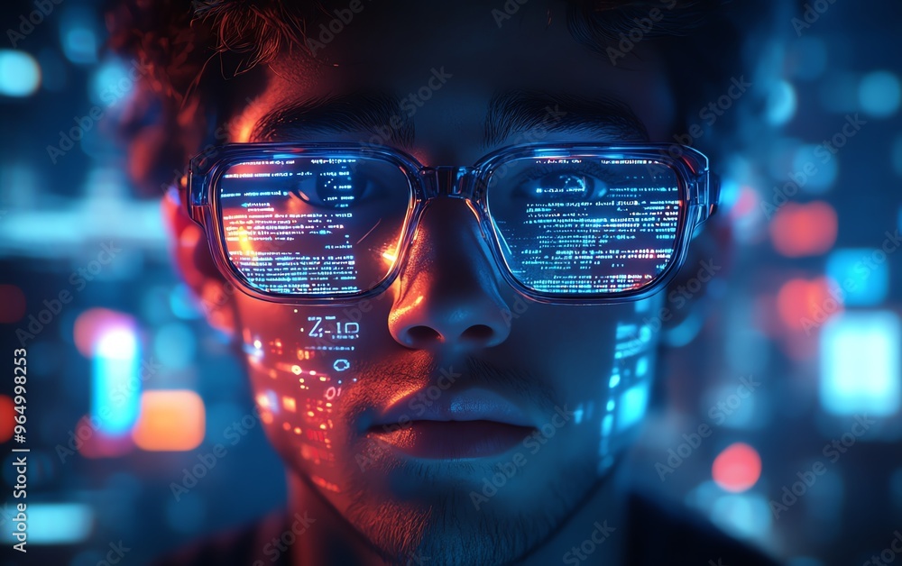 Poster futuristic nerd face with sleek glasses, a thoughtful expression, and a hightech environment featuri