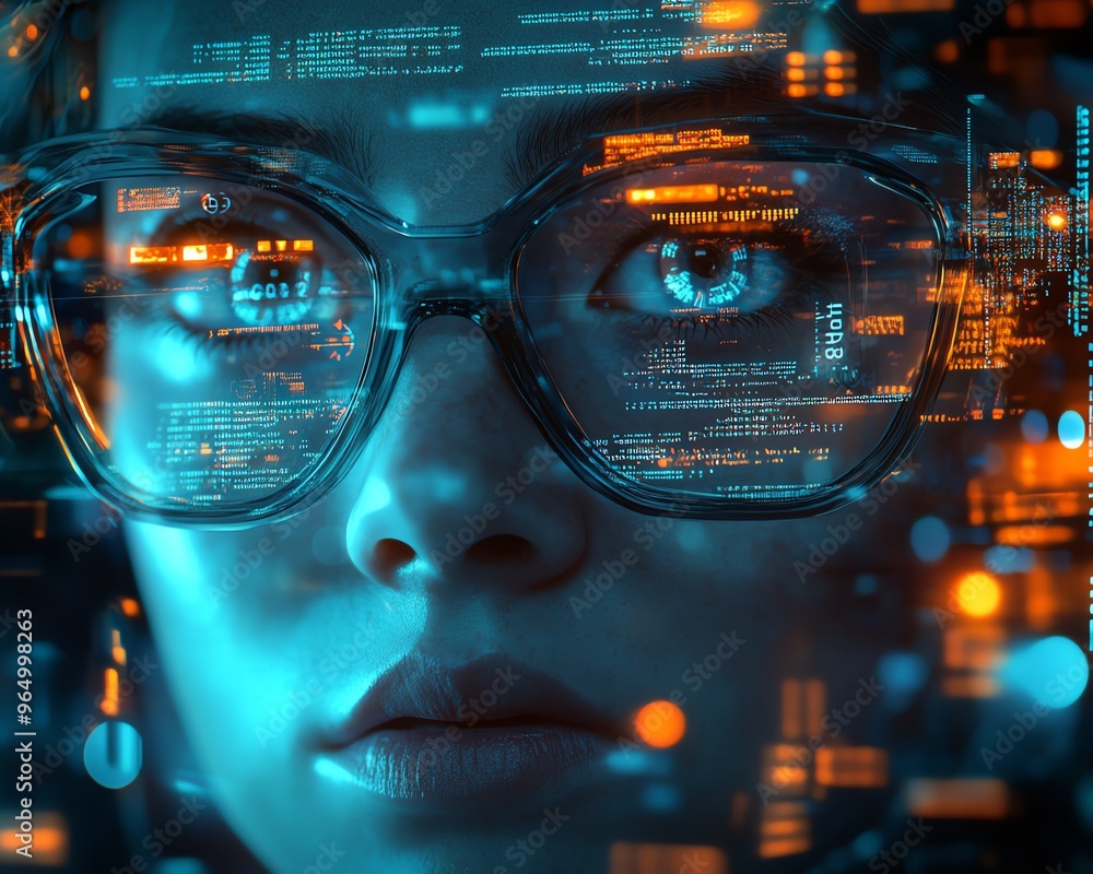 Poster futuristic nerd face with sleek glasses, a thoughtful expression, and a hightech environment featuri