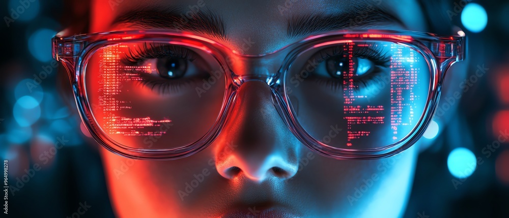 Aufkleber futuristic nerd face with sleek glasses, a thoughtful expression, and a hightech environment featuri