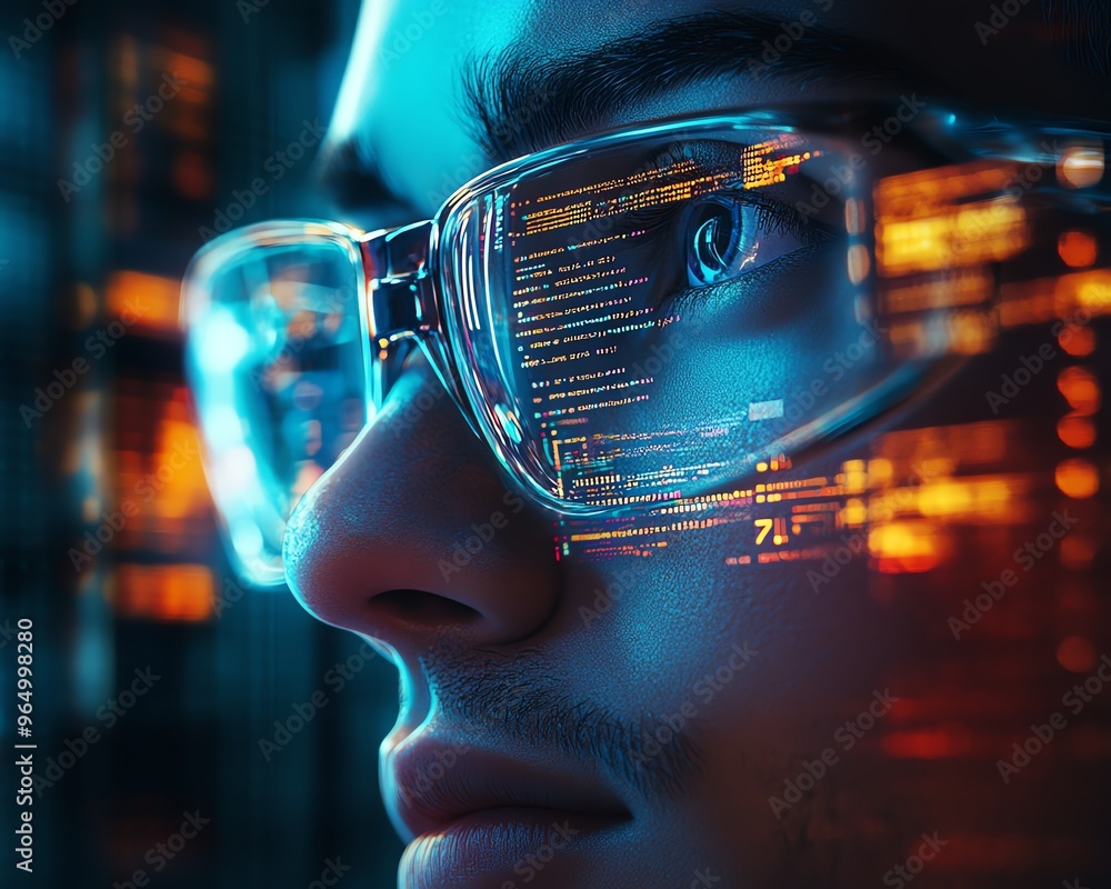 Aufkleber Futuristic nerd face with sleek glasses, a thoughtful expression, and a hightech environment featuring digital screens, code, and advanced technology