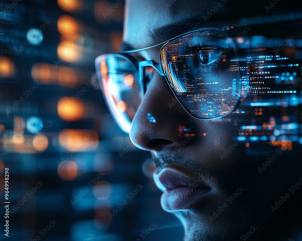 Leinwandbilder futuristic nerd face with sleek glasses, a thoughtful expression, and a hightech environment featuri