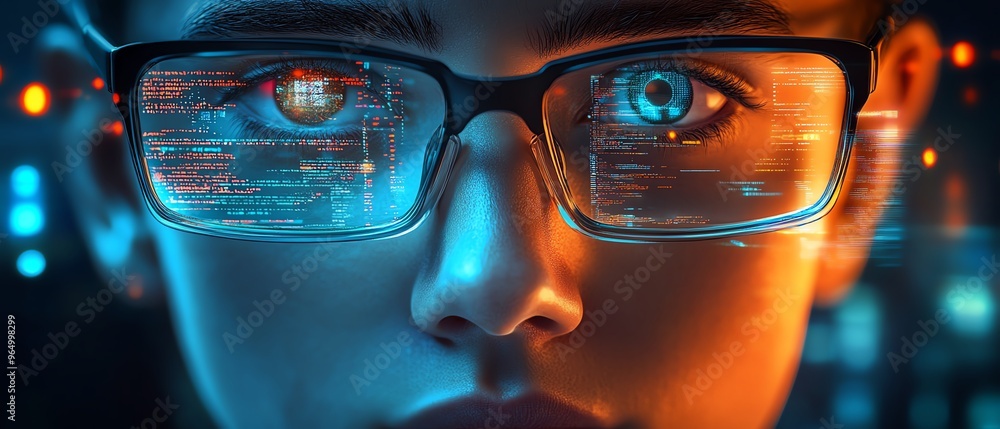 Poster futuristic nerd face with sleek glasses, a thoughtful expression, and a hightech environment featuri