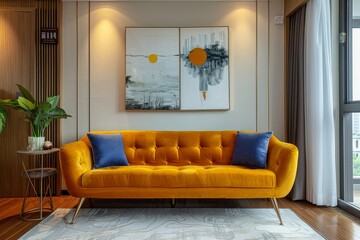 Luxurious yellow velvet sofa with brass legs and golden stitching in a modern living room with warm tones and retro American charm.
