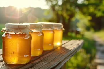 Jars of freshly harvested honey lined up on a wooden table