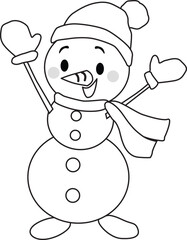 Line drawing of snowman. Christmas. Cute, simple, flat. Vector Illustration