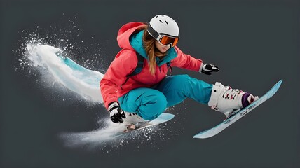 Floating Snowboarding girl isolated