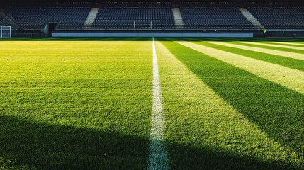 Fototapeta premium A view of an empty soccer field, showcasing the green pitch and the shadows cast by the stands. 