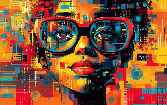 Stylized nerd face with large glasses, a quirky smile, and digital gadgets, set against a vibrant, techthemed backdrop with bold colors and intricate details