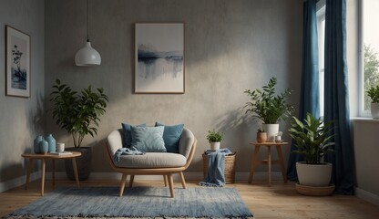 Cozy living room interior decorated with plants and blue accents