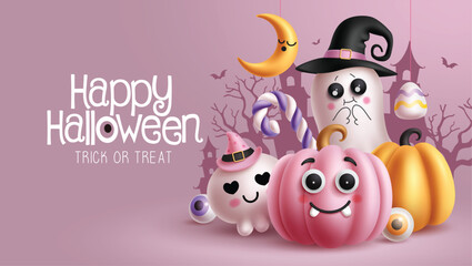 Happy halloween greeting text vector design. Halloween trick or treat with pumpkins and ghost characters in silhouette castle pink background. Vector illustration horror party greeting card banner. 

