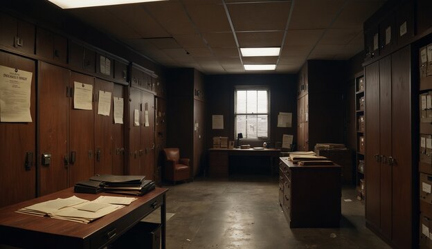Dimly lit vintage office with wooden furniture and scattered documents