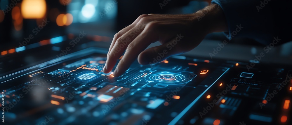 Leinwandbilder Closeup of an expert using AI for document analysis in a modern digital workspace, showcasing advanced software, data visualizations, and hightech interfaces