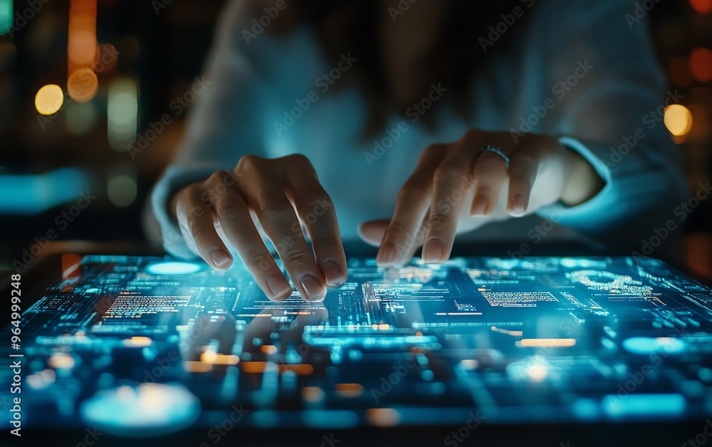 Leinwandbilder Closeup of an expert using AI for document analysis in a modern digital workspace, showcasing advanced software, data visualizations, and hightech interfaces