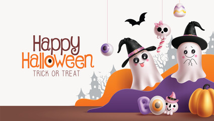 Happy halloween greeting text vector design. Halloween trick or treat with ghost cute characters, pumpkins and hanging elements for horror paper cut banner. Vector illustration party card design.  
