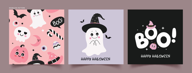 Halloween seamless pattern vector poster set. Happy halloween greeting text with ghost cute character and boo trick or treat invitation card collection. Vector illustration wallpaper seamless pattern 