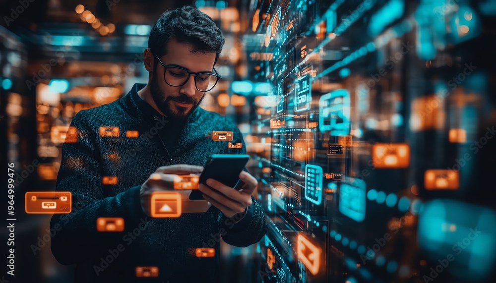Aufkleber Businessman interacting with a mobile phone for secure ecommerce transactions, showcasing digital wallet functionality and innovative financial services in a modern setting