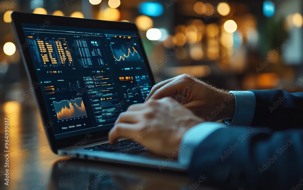 Poster closeup of a suited businessman presenting digital supply chain management concepts on a laptop, wit