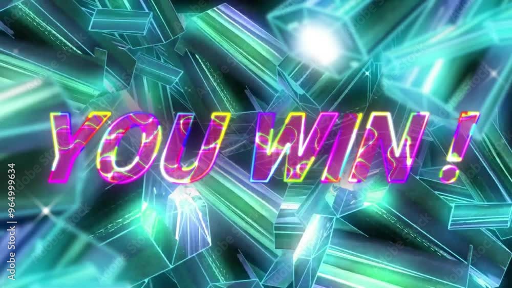 Poster Animation of you win text over neon pattern background