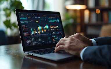 Closeup of a suited businessman presenting digital supply chain management concepts on a laptop, with a focus on data visualization and streamlined office processes