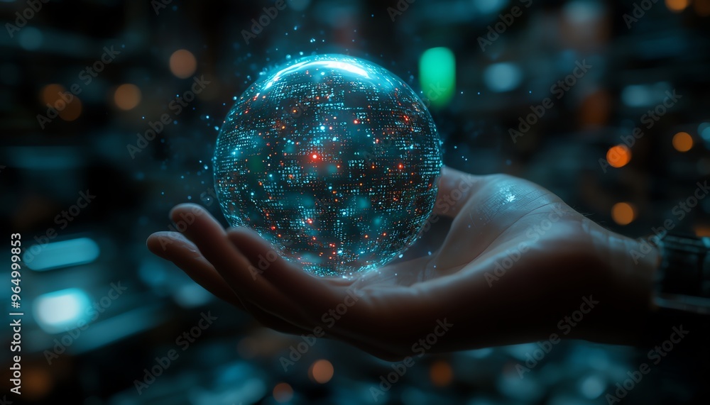 Aufkleber Futuristic global marketing automation system, emphasizing automated CRM processes, digital workflow management, and cuttingedge technology solutions for business growth