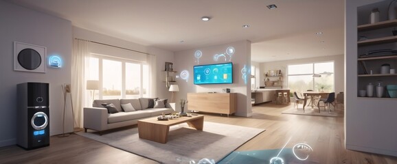 illustrate the concept of the Internet of Things with an image of a smart home, featuring various connected devices and appliances, shot from a low angle with a wide-angle lens