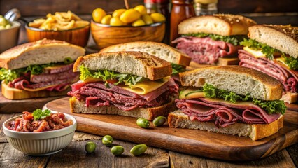 Savory aromas fill the air as customers indulge in classic deli delights, such as juicy pastrami sandwiches and
