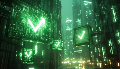 Obraz premium Futuristic green street signs with diverging arrows and YOU DECIDE, representing important decisions in business or life, set against a hightech, abstract background