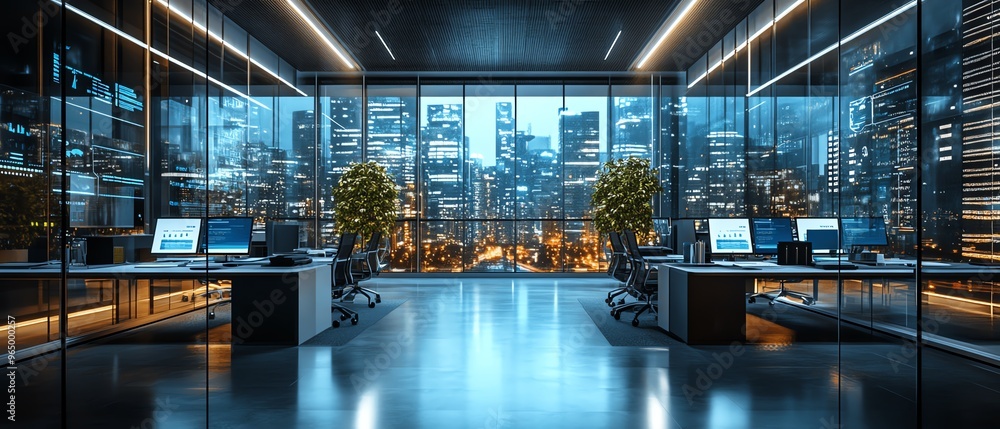 Poster Modern business environment with global marketing automation software, showcasing CRM functionality, automated workflows, and advanced digital technology systems