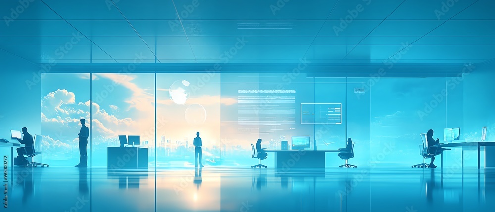 Fototapete modern business environment with global marketing automation software, showcasing crm functionality,