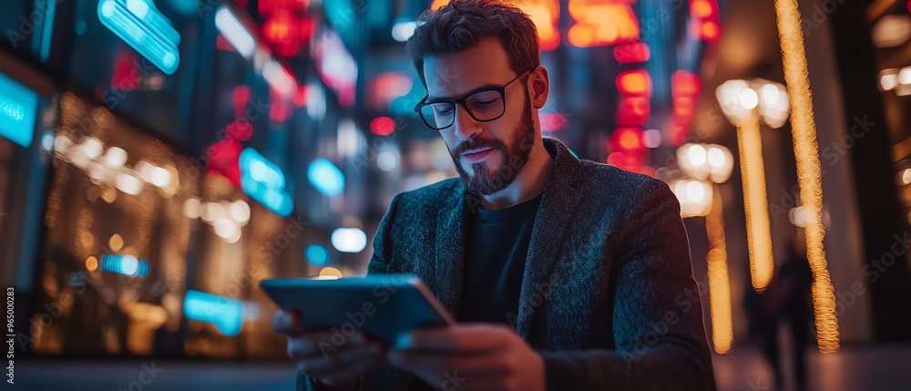 Poster modern businessman conducting ecommerce transactions through a mobile phone, with a focus on futuris