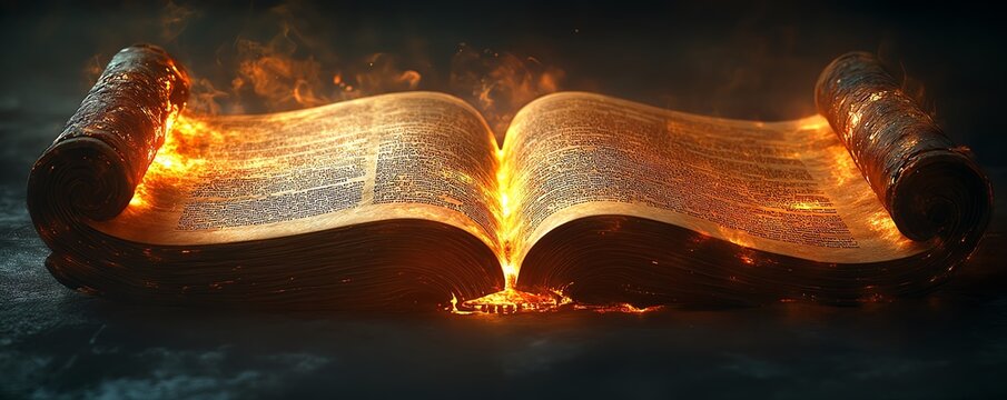 Bible revealed in glowing open scroll parchment, Book of Revelation, symbolic and apocalyptic, prophetic and cosmic, dramatic and transformative