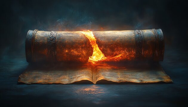 Bible revealed on glowing scroll parchment, Book of Revelation, prophetic and transformative, apocalyptic and cosmic, dramatic and symbolic
