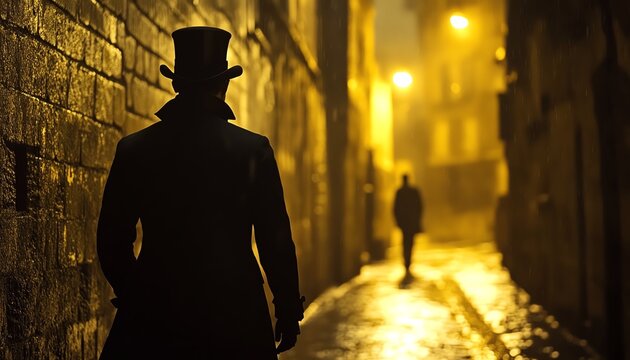 Cinematic historical thriller scene of a man in a black coat and top hat walking alone in a dimly lit city alley, 19th or 18th century atmosphere