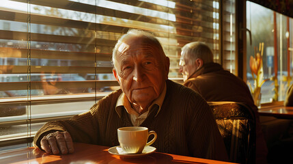 Documentary photography, an elderly man with wrinkles and a warm smile enjoying his morning coffee in a restaurant or nursing home, morning sunlight through the blinds. Slow life - Powered by Adobe