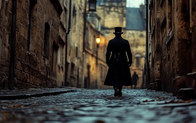 Mysterious man in top hat and black coat strolling alone in a dim city alley, cinematic historical thriller, set in the 19th or 18th century