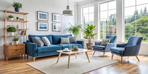 Fototapeta premium Soft blue hues permeate the tranquil living room, where a plush couch, matching armchair, and padded footrest invite