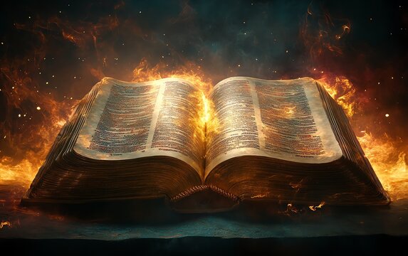 Open scroll parchment glowing with the Bible, Book of Revelation, apocalyptic and transformative, cosmic and prophetic, dramatic and symbolic