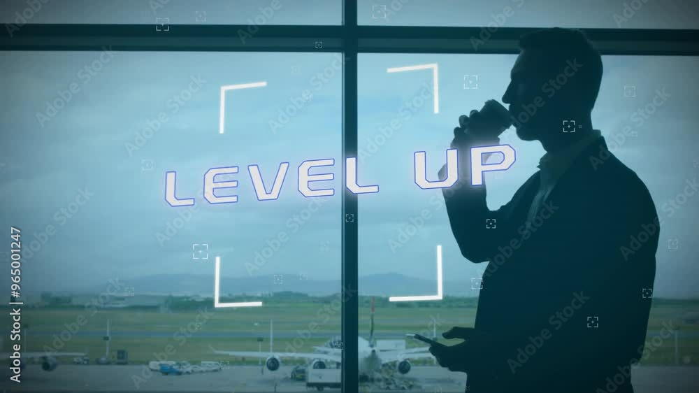 Aufkleber animation of level up text over caucasian businessman using smartphone