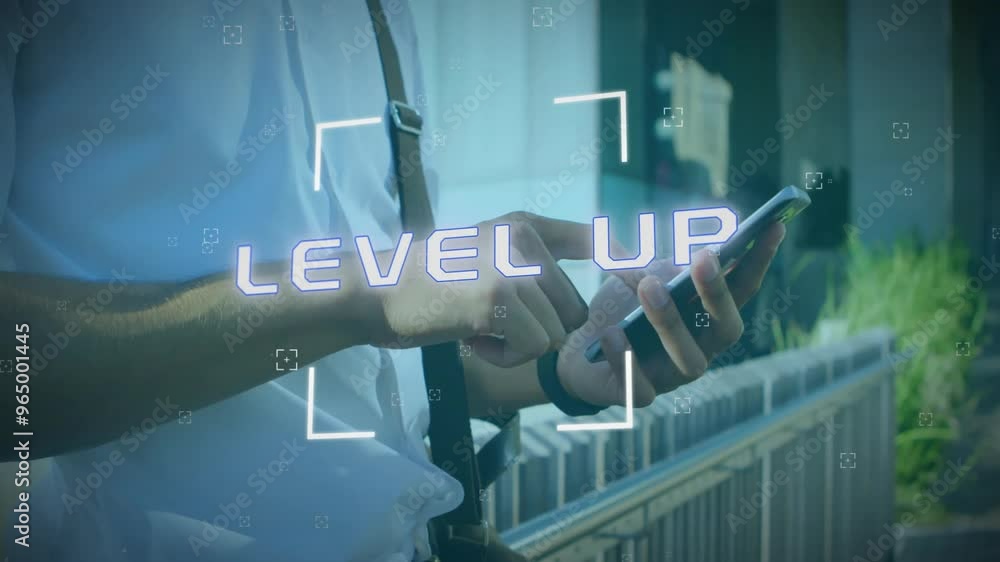 Aufkleber animation of level up text over caucasian businessman using smartphone