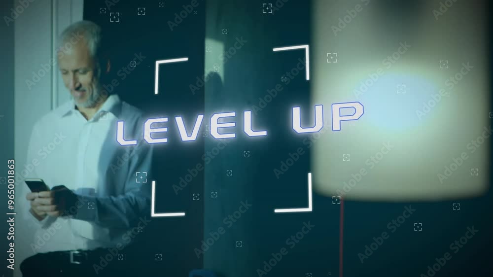 Aufkleber animation of level up text over caucasian businessman using smartphone